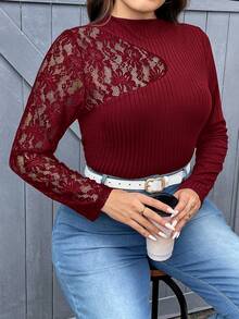 SHEIN Privé Plus Contrast Lace Mock Neck Tee - Burgundy - View 6