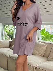 Váy ngủ tay cánh dơi họa tiết chữ cái - Bụi tím - Xem 4