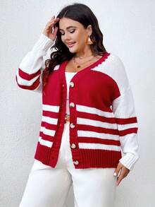 Celure 大碼條紋圖案落肩袖開襟衫 - 彩色 - 查看 6