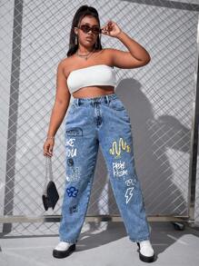 SHEIN EZwear 大碼花卉和字母圖案高腰直筒牛仔褲 - 中等水洗藍 - 查看 5