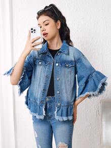 Teen Girl Flounce Sleeve Raw Cut Denim Jacket - Medium Wash - View 4