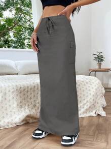 SHEIN EZwear 側翻蓋口袋腰部抽繩側翻蓋口袋工裝裙 - 灰色 - 查看 4