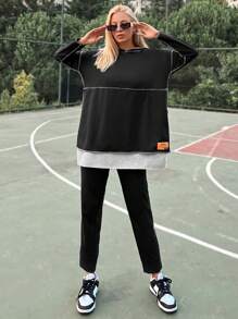 EURMUSE Letter Patched Drop Shoulder 2 In 1 Sweatshirt & Pants - Black - View 5
