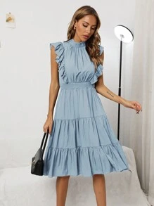 HOMEYEE Cổ giả Viền Ruffle Đầm - Màu xanh lam - Xem 1