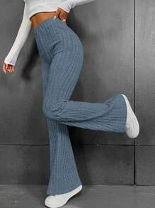 SHEIN EZwear High Waist Flare Leg Pants - Navy Blue - View 6