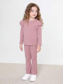 SHEIN Conjunto casual rosa de pantalones acampanados de manga larga de color sólido para niña joven para otoño - Rosa vieja - Ver 4
