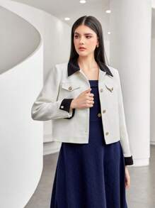 Seusyu Contrast Collar Button Front Jacket - Beige - View 6