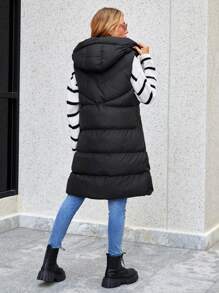 SHEIN Cottnline Dual Pocket Hooded Puffer Vest Coat - Black - View 2