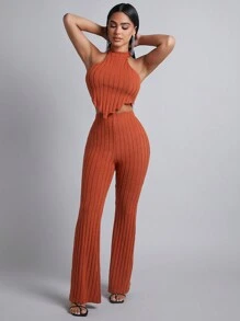 SHEIN PETITE 素色掛脖上衣&喇叭褲 - 橘色 - 查看 4