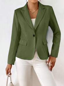 SHEIN Essnce 素色單釦西裝外套 - 軍綠色 - 查看 5