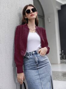 Mulvari 勃艮第红色纯色拉链短款飞行员夹克 - 酒紅色 - 查看 1