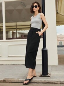 BizChic 女式黑色纯色前开衩 A 字型休闲基本款中长裙，秋冬款 - 黑色 - 查看 7