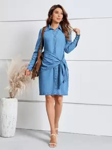 SHEIN Clasi Knot Side Button Front Denim Dress - Light Wash - View 3