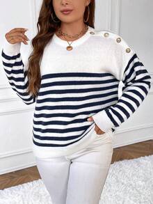 SHEIN Frenchy Plus Striped Pattern Drop Shoulder Sweater - Blue and White - View 4