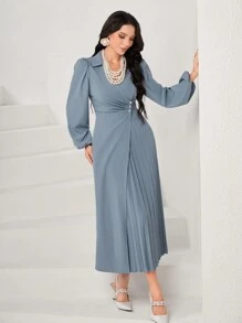 Modelyn Pearl Detail Lantern Sleeve Pleated Hem Dress - Grey - View 1