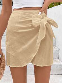 SHEIN Frenchy Solid Knot Side Wrap Skirt - Khaki - View 3