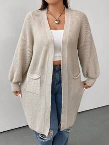 Flirla Plus Dual Pocket Drop Shoulder Duster Cardigan - Apricot - View 1