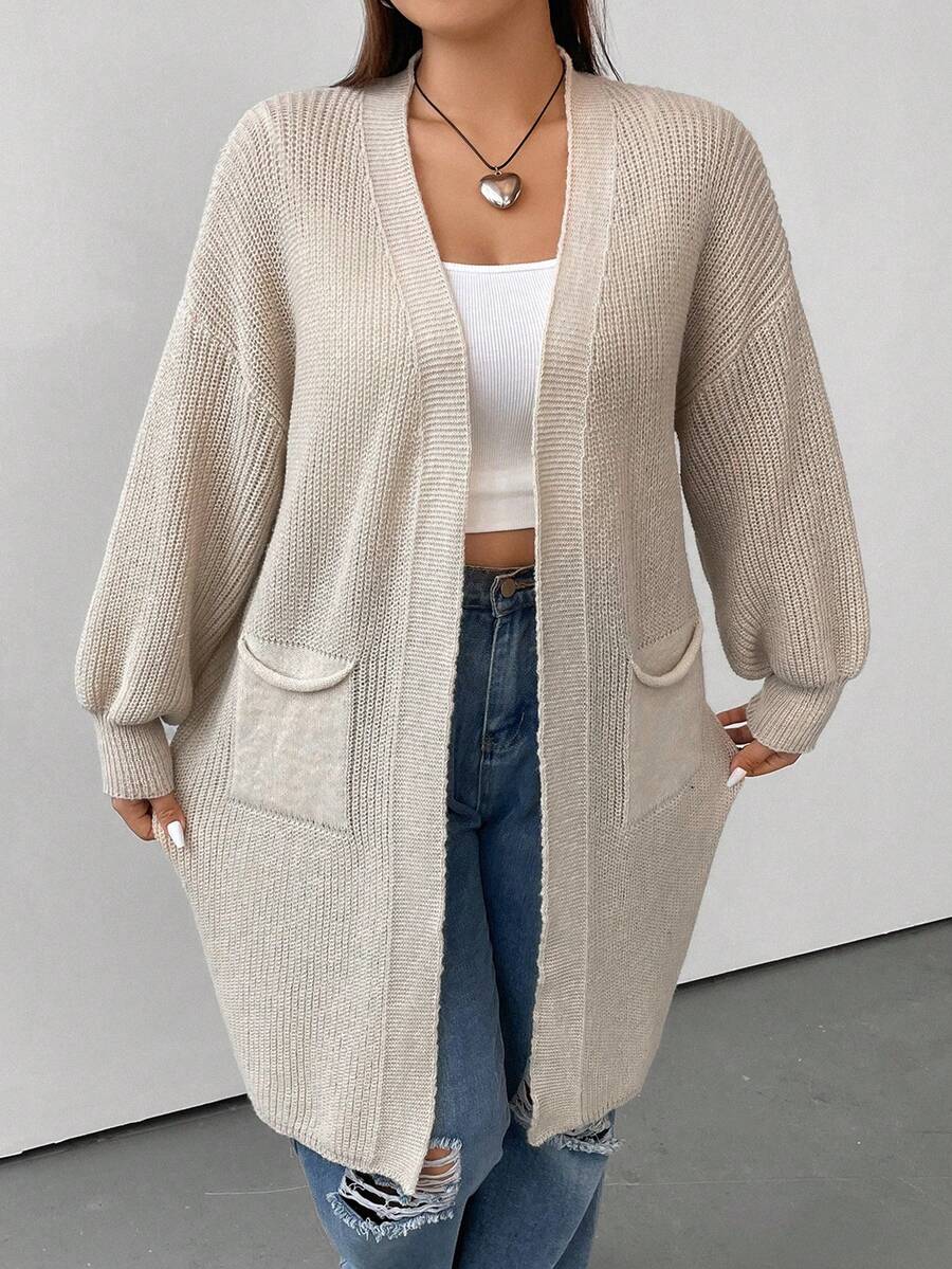 Flirla Plus Dual Pocket Drop Shoulder Duster Cardigan - Apricot - View 1