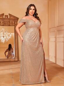 Faeriesty Plus Cold Shoulder Split Thigh Sequin Prom Dress Elegant Formal Evening Wedding Guest Gown, For Graduation, Dinner Party Dress - Apricot - View 3