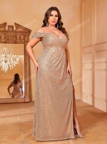 Faeriesty Plus Cold Shoulder Split Thigh Sequin Prom Dress Elegant Formal Evening Wedding Guest Gown, For Graduation, Dinner Party Dress