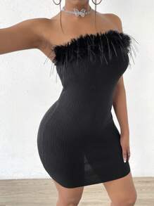 Zolique Fuzzy Trim Tube Bodycon Sweater Dress - Black - View 6