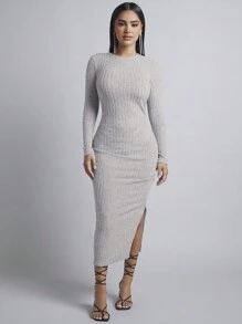 SHEIN PETITE Solid Split Thigh Bodycon Dress - Grey - View 1