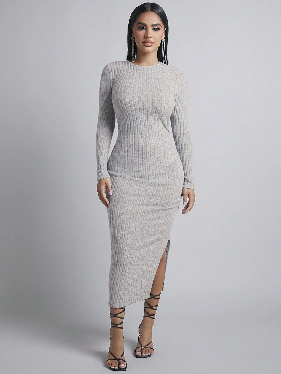 SHEIN PETITE Solid Split Thigh Bodycon Dress - Grey - View 1