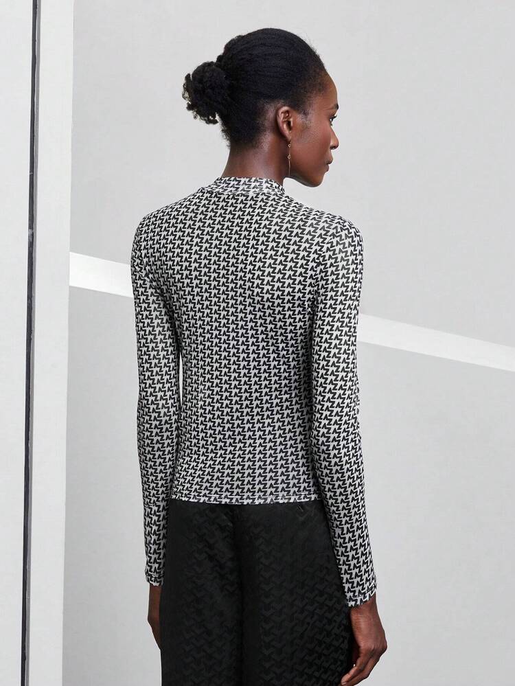 SHEIN Maija 2026 Spring & Summer Mock Neck Allover Print Top,Suitable For Wedding Guest, Host, Date, Party, Concert, Brunch, Airport, Multi-Occasion