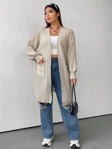 Flirla Plus Dual Pocket Drop Shoulder Duster Cardigan - Apricot - View 5