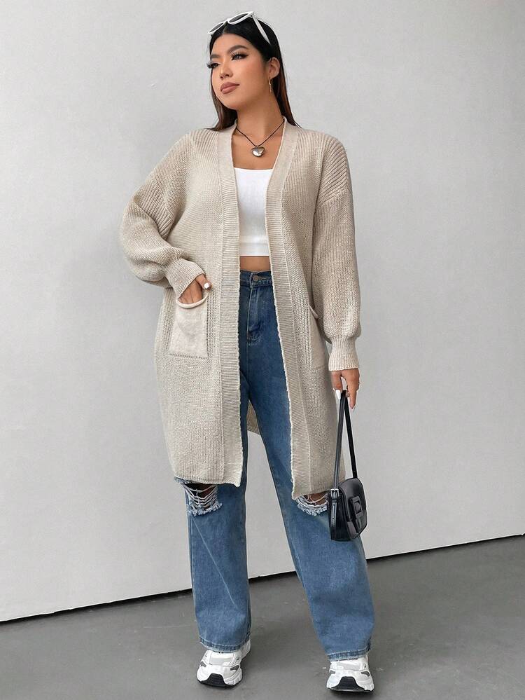 Flirla 大碼雙口袋落肩袖開襟開衫 - 杏色 - 查看 5