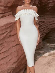 露肩荷葉邊修身洋裝 - 白色 - 查看 5