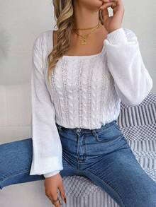 Square Neck Cable Knit Lantern Sleeve Sweater - White - View 3