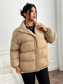 SHEIN EZwear Áo khoác đệm cỡ lớn có in chữ - Màu be - Xem 6