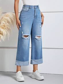 SHEIN LUNE Rách Cuộn lên Hem Rách Quần legging thẳng - Rửa trung bình - Xem 5