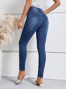 SHEIN LUNE 破洞緊身牛仔褲 - 深色水洗藍 - 查看 2