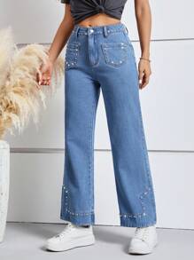 SHEIN LUNE 水鑽細節闊腿牛仔褲 - 中等水洗藍 - 查看 4