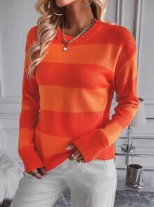SHEIN LUNE Colorblock Drop Shoulder Knit Pullover Fall Winter Sweater - Burnt Orange - View 6