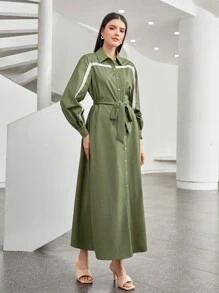 Seusyu Contrast Panel Belted Shirt Dress - Army Green - View 6