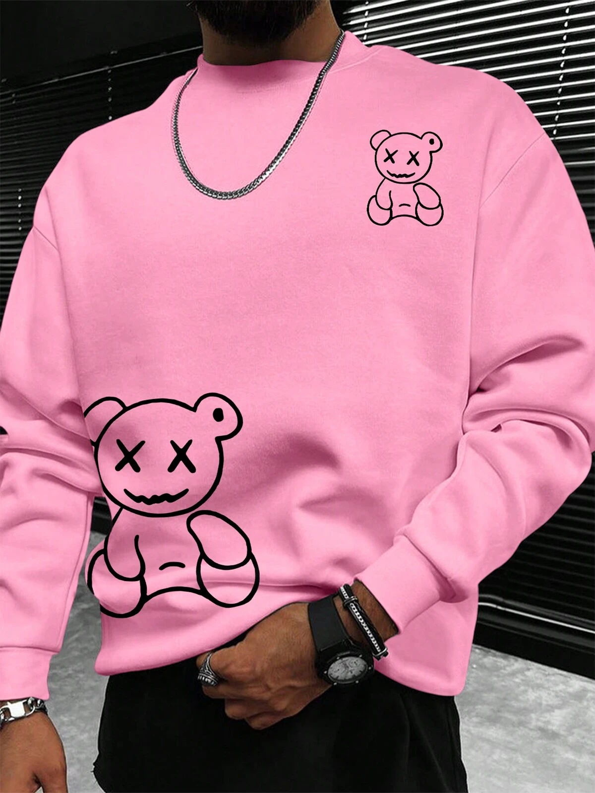 Manfinity Homme Sweat-shirt-shirt à imprimé ours pour hommes, col ras du cou, manches longues, Sweat-shirt-shirt graphique pour sortir. Cadeau pour amis, mari, petit-ami. Rose streetwear, pour l'automne