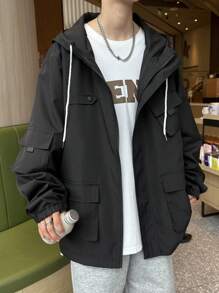 Manfinity Hypemode Loose Men's Hooded Jacket With Flap Pockets, Drop Shoulder And Drawstring Detail - Black - View 5
