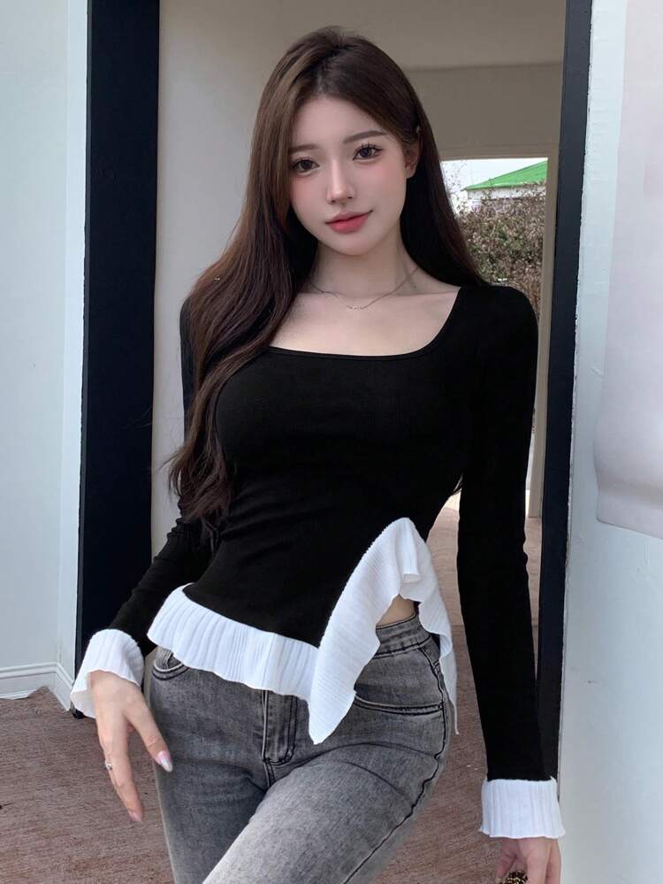 Contrast Panel Square Neck Tee,Ruffle,Fall Clothes Long Sleeve Women Tops