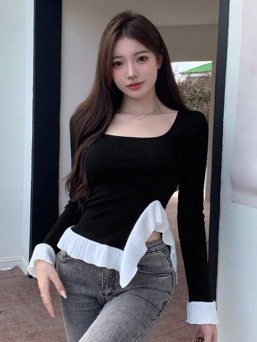 DAZY Kontrast-Panel Quadrat-Ausschnitt T-Shirt, Rüschen, Herbstkleidung Langarm Damen Tops - Schwarz - Übersicht 1