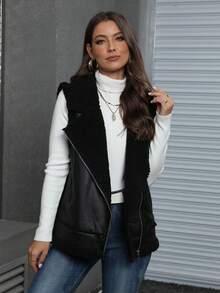 Women's Black Faux Fur Leather Sleeveless Moto Jacket, Autumn/Winter - Black - View 3