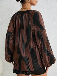 SHEIN Privé Colorblock Knot Front Lantern Sleeve Blouse - Coffee Brown - View 2
