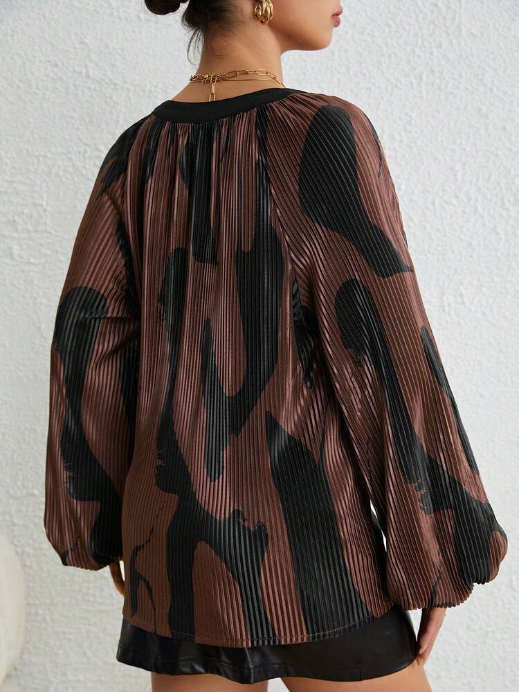 Colorblock Knot Front Lantern Sleeve Blouse