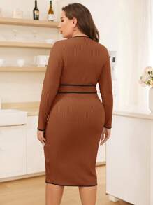 SHEIN Clasi 大碼撞色滾邊腰帶緊身洋裝 - 棕色 - 查看 2