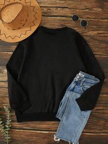 INAWLY Slogan & Pumpkin Print Thermal Lined Sweatshirt - Black - View 2