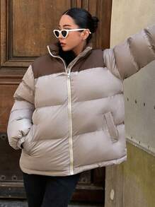 DAZY Áo khoác phao hai tông màu có khóa kéo, túi dày, quần áo mùa đông cho nữ, áo khoác mùa đông cho nữ - Màu Khaki - Xem 7