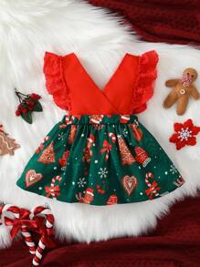 SHEIN Baby Girls Christmas Print Ruffle Trim Dress - Multicolor - View 2
