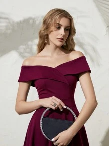 Anewsta Off Shoulder Foldover Front Dress Burgundy Color Women Outfit
